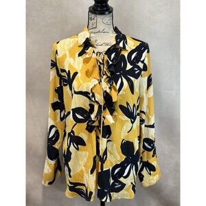 Ann Taylor Factory Marigold & Black Floral Ruffle Corset-Neck Blouse Medium